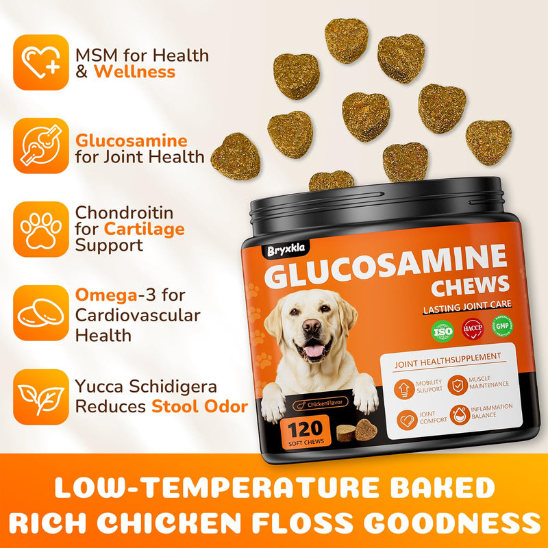 Dogs Joint Health Supplement - Glucosamine, Chondroitin, MSM, Omega 3 - Hip & Joint Pain Relief Soft Chews for All Breeds and Sizes, Chicken Flavor - 120 Count