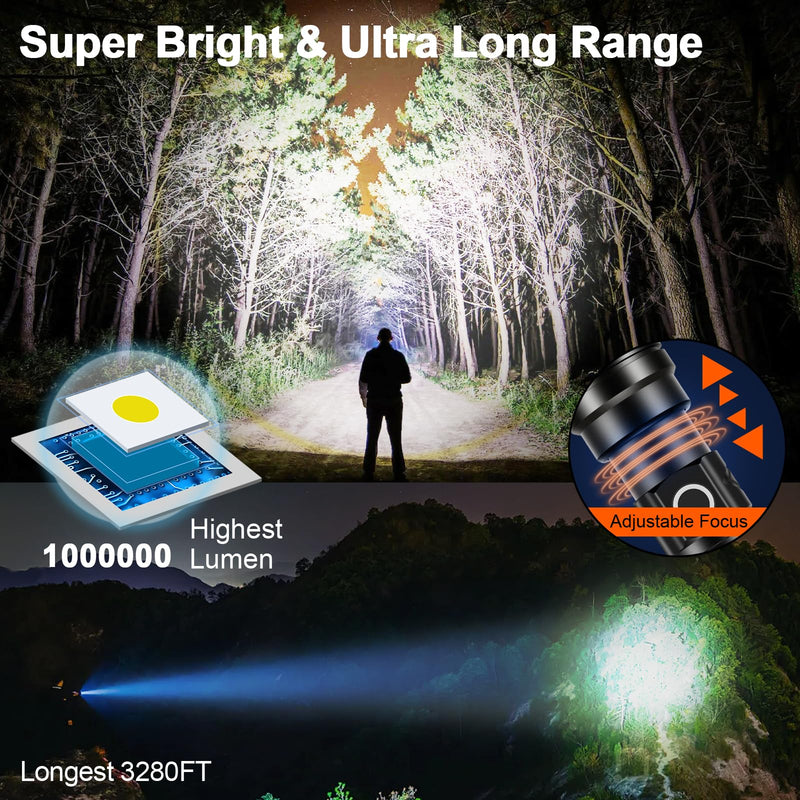 Rechargeable Flashlights 1000000 High Lumens Long Range 3280 FT, Super Bright USB C LED Flashlight Long Lasting 15 Hours, Powerful Multifunctional Strong Flash Lights, for Emergency Security Camping 31.0 Watt Hours