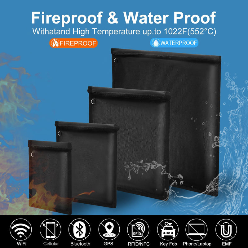 4 Pack Faraday Bags, Faraday Cage for Anti-Theft Anti-Tracking, Waterproof & Fireproof Faraday Bag for Laptops, Tablets, Phones, Car Keys Black