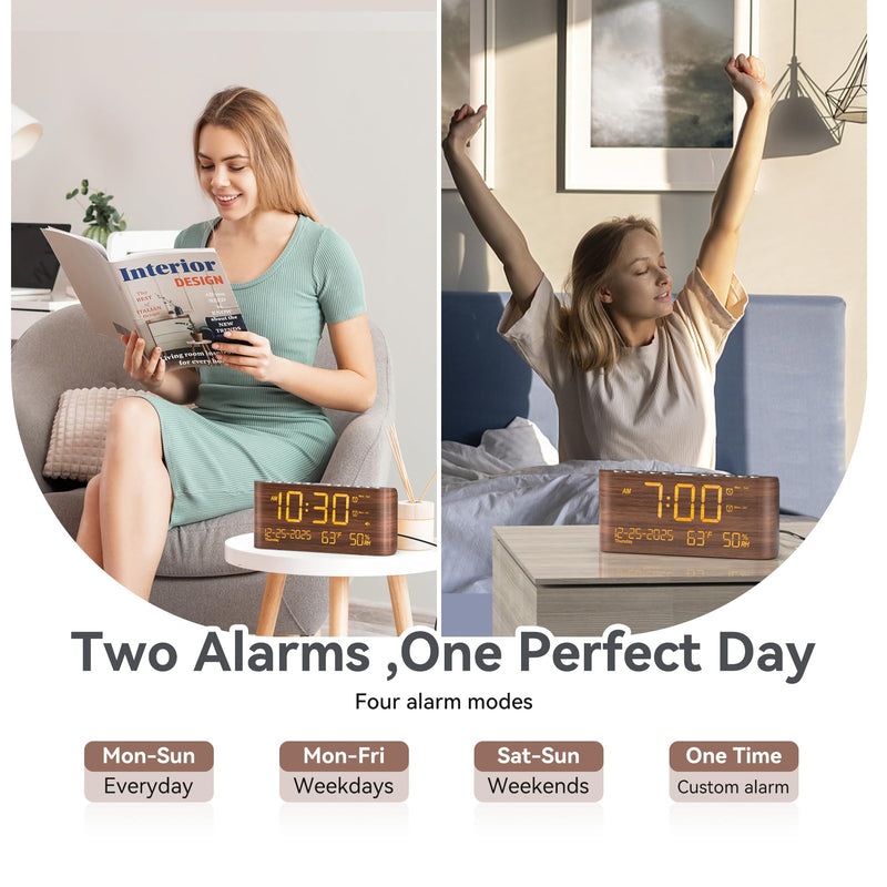 Mesqool Digital Alarm Clock for Bedroom with Date Temperature and Humidity, Dual Alarms，Loud Volume, USB and Type-C Charging Ports (Brown)