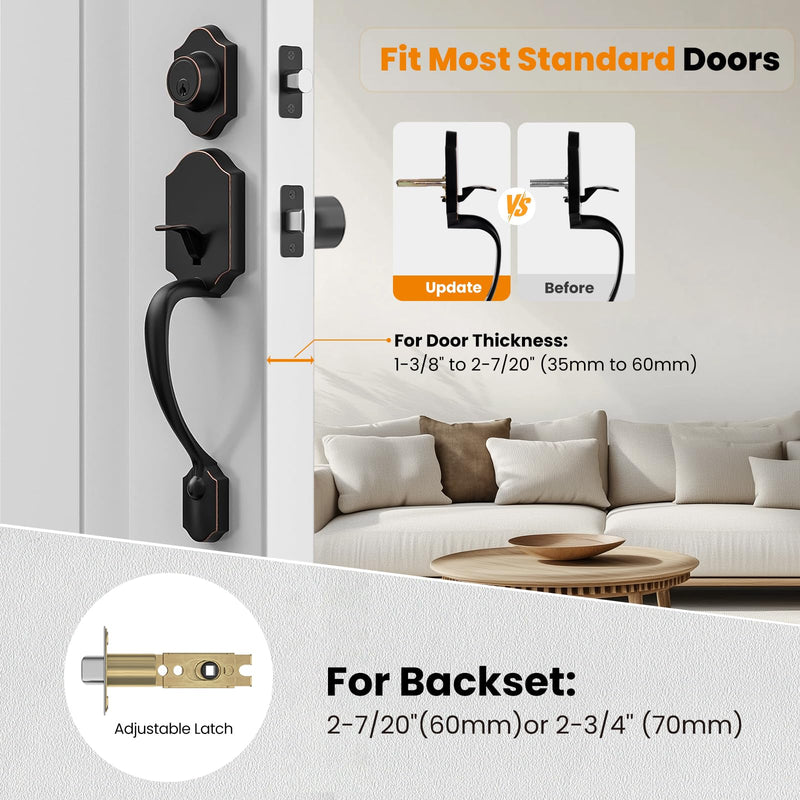 HOSOM Front Door Handle and Deadbolt Set, Single Cylinder Exterior Front Door Lock Set with Interior Door Knob, Front Door Knob Reversible for Right and Left Handed, Oil Rubbed Bronze