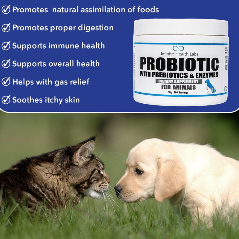 Probiotics for Dogs and Cats - Vet Formulated Made in USA Pet Prebiotic & Enzyme Powder for Digestive, Gut & Immune Health - 200 Servings (50 g) 50 g