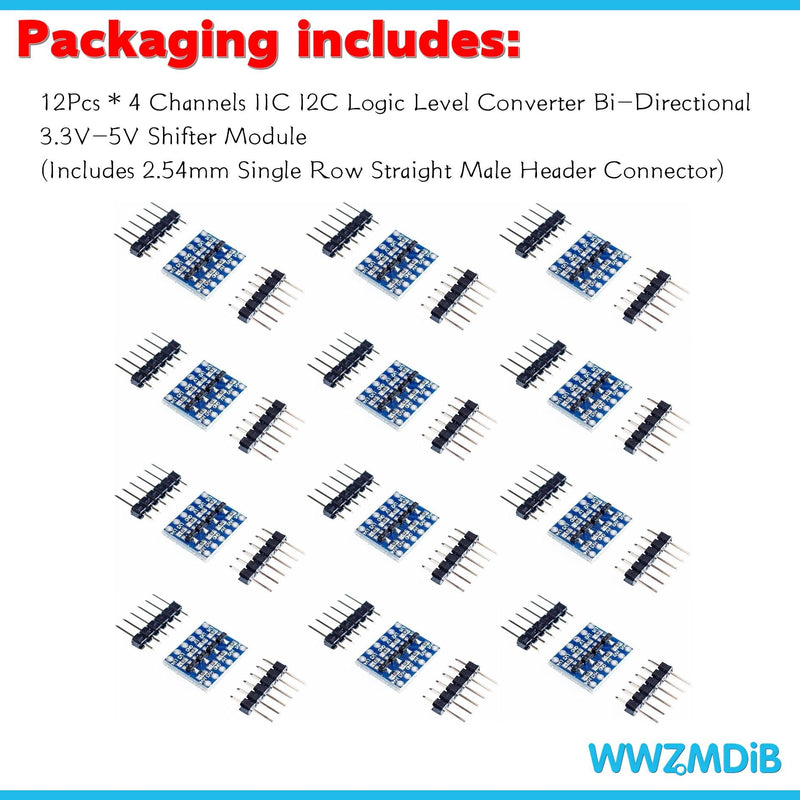 WWZMDiB 12 Pcs Logic Level Shifter Converter Module Bidirectional 3.3V to 5V, 5V to 3.3V UART, IIC, SPI, 1-Wire 4 Channel