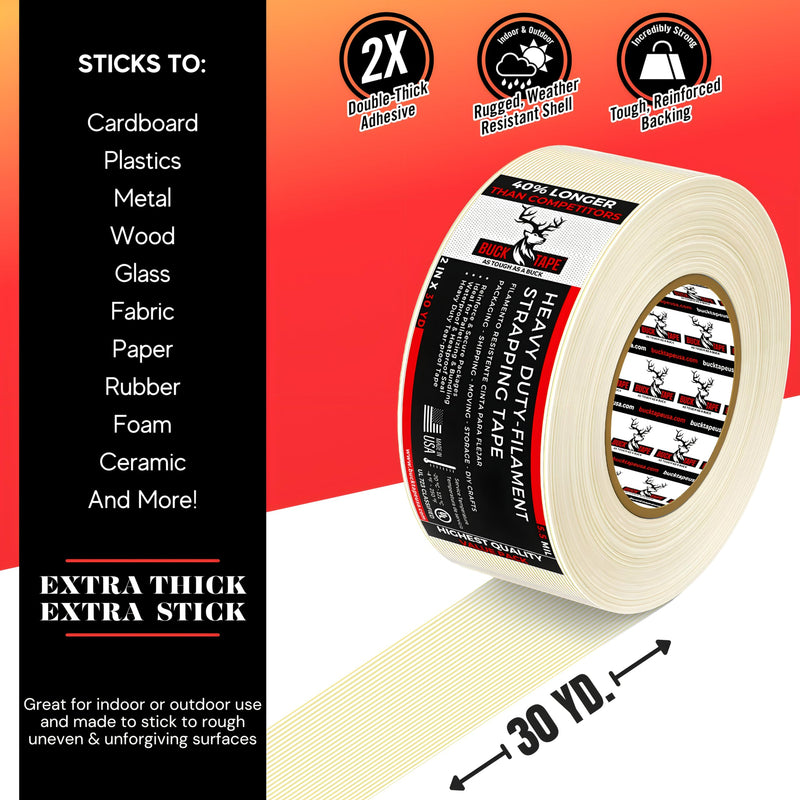 Buck Strapping Tape 2 Inch x 30 Yds (90ft) - 5.5Mil Thickness, Heavy Duty Industrial Grade Mono Directional Fiberglass Reinforced Filament Tape with Synthetic PET Adhesive for Bundling & Palletizing 2 Inch x 30 Yards 1 Pack