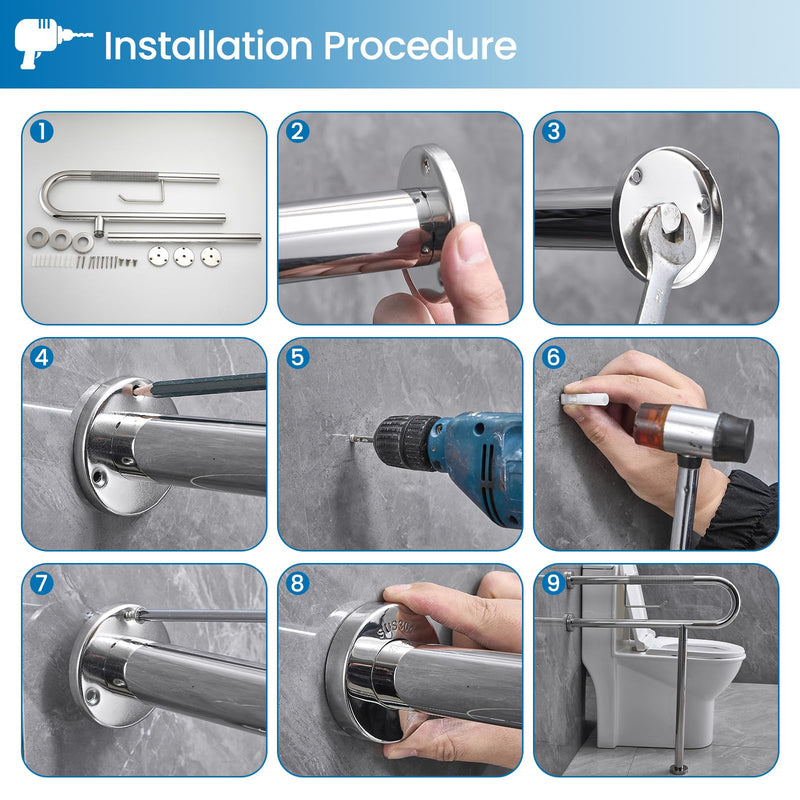 Toilet Grab Bar 24*27.5 Inch, Zynuhmo Anti-Slip U Shaped Support Rail with Paper Holder, SUS304 Stainless Steel Knurled Safety Handrails with Leg for Elderly Disabled Pregnant(1.25'' Dia Tube, Chrome)