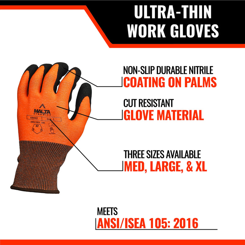 Malta Dynamics Safety Work Gloves – 12 Pack Nitrile Coated Ultra-Thin Mens Work Gloves with Cut Level 2 Protection, Touch Screen Compatible OSHA and ANSI Compliant (Medium) Medium