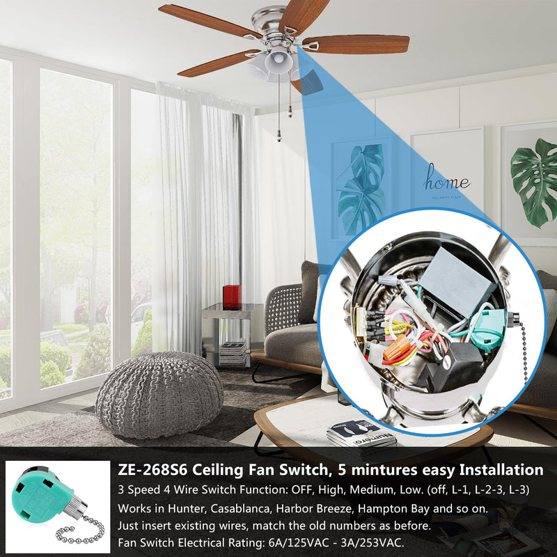 Ceiling Fan Switch, 4 Wire Zing Ear ZE-268S6 Pull Chain Switch Replacement 3 Speed Control Switch Compatible with Hunter Ceiling Fans, Wall Lamps, Cabinet Light (Nickel Pull Chain) ZE-268s6 Nickel