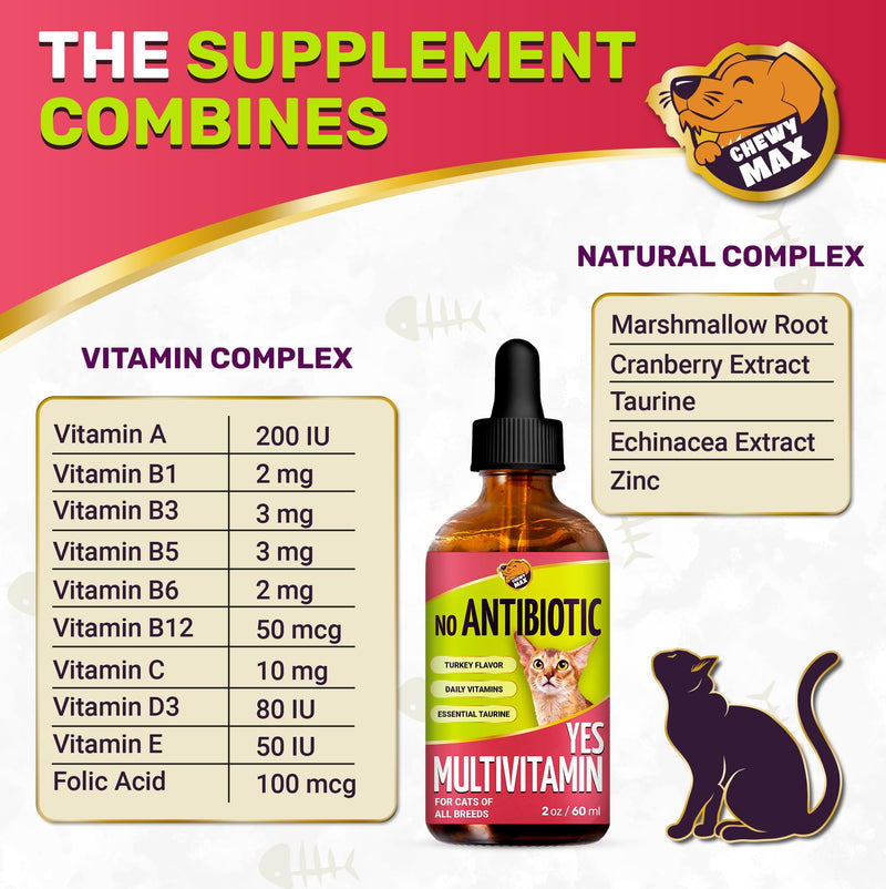 Cat Multivitamin Complex with Turkey Flavor – Natural Cat Antibiotic Liquid Alternative to Help with Allergies, UTIs & Cough – Herbal No Antibiotic Yes Multivitamin for All Breeds – 2 Oz 2 Fl Oz