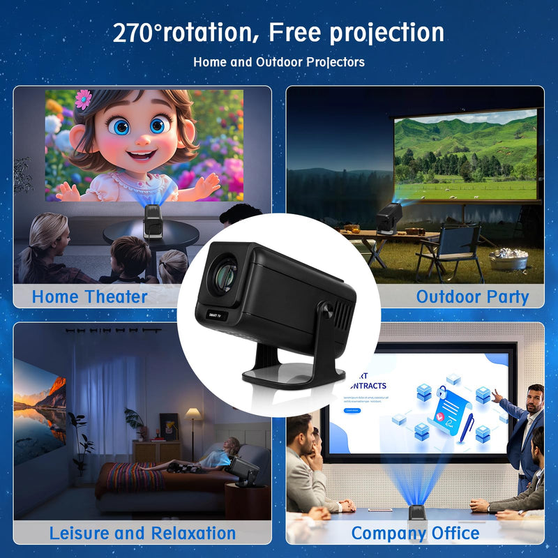 Mini Projector, V1 Portable Projector, Native 1920*1080P Support 4K Parse with Dual-Band WIFI6 5G Wireless 5.0 Bluetooth Android 13, 600ANSI, 270° Rotatable, Auto Keystone Correction Video Projector
