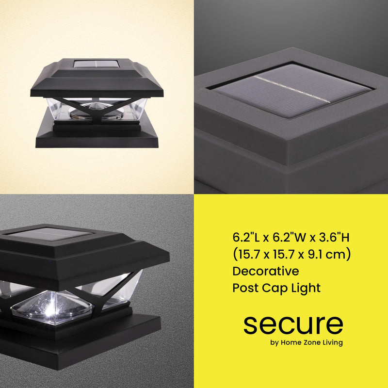 Home Zone Security 4-Pack Crown Style Solar Powered Post Cap Light with LiFePO4 Battery, Dusk to Dawn, 3000K 5000K LED Adjustable Temperature, Fits up to 5.5"x5.5" Post, Black