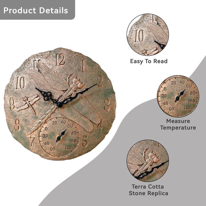 Lily's Home Hanging Wall Clock, Includes a Thermometer, Ideal for Indoor and Outdoor Use, Wonderful Housewarming Gift for Friends, Polyresin Dragonflies
