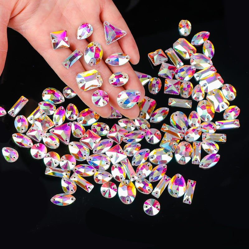 SWTHONY 122pcs AB Sew on Rhinestones for Crafting Mixed Shapes, Large Crystal Glass Gems Silver Plated Flatback Rhinestones Jewels for Crafts Clothes Fabric AB Coated