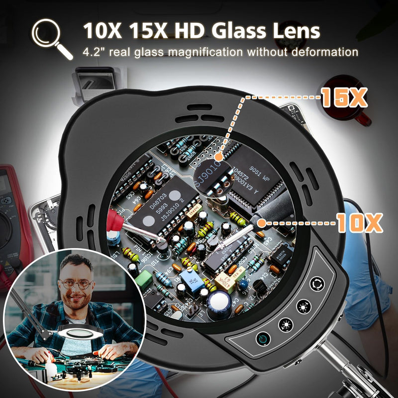 Magnifying Glass with Light and Clamp, 15X 10X Desk Magnifying Lamp, 84 LED Real Glass Lens Magnifier, 5 Color Modes Stepless Dimmable, Adjustable Hands Free Table Lamp for Repair Crafts Hobby Sewing - NewNest Australia