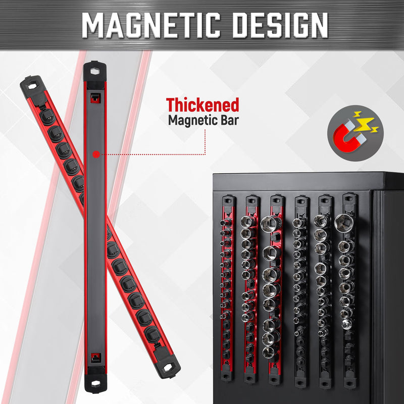 ALOANES 3/8-Inch Drive Magnetic Socket Organizer, Heavy Duty Aluminum Socket Rail Organizer, 360° Swivel Clips Socket Holder Kit for Tool Box, 3/8-Inch Socket Holder x 14 Clips (Red) Red