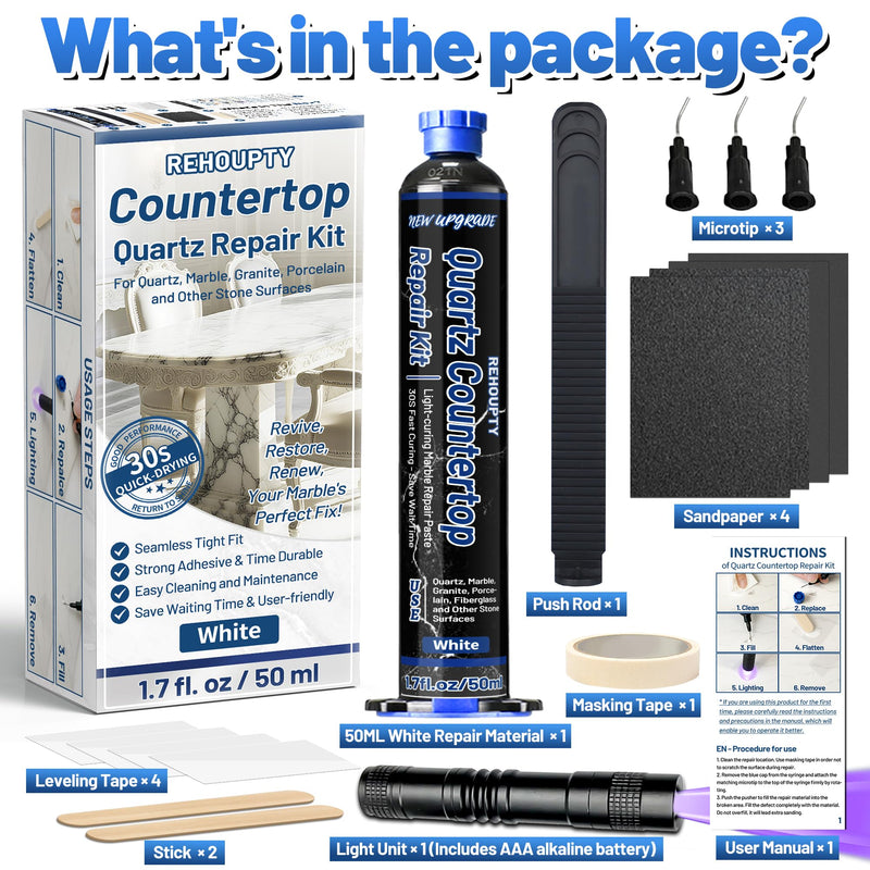 Quartz Countertop Repair Kit 1.7fl.oz / 50ml - 30s Fast Curing DIY Fix Quartz Chip Repair Kit for Cracks Holes & Scratches on Granite Marble Acrylic Fiberglass Porcelain & Corian Surfaces (White)
