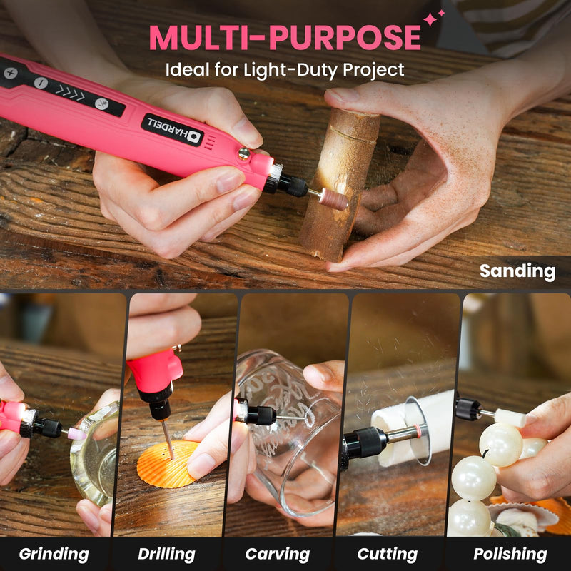 HARDELL Mini Cordless Rotary Tool, 5-Speed 3.7V rechargeable Kit with 61 Accessories, USB Charging Multi-Purpose Power Tool for Sanding, Polishing, Drilling, Etching, Engraving, DIY Crafts Pink-3.7v