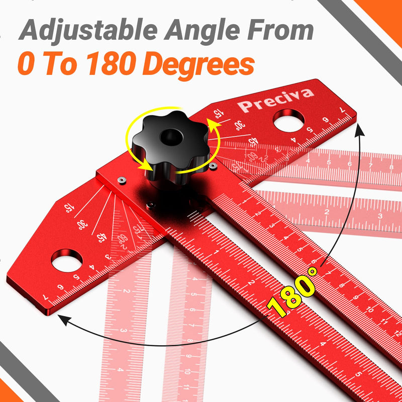 Preciva 13” Carpenter Square Ruler (1/16" Scale) - Foldable Aluminum Alloy T Square with Imperial and Metric Scales, Multi-Purpose Woodworking Square Ruler for Measure Angles, Position, Draw Lines