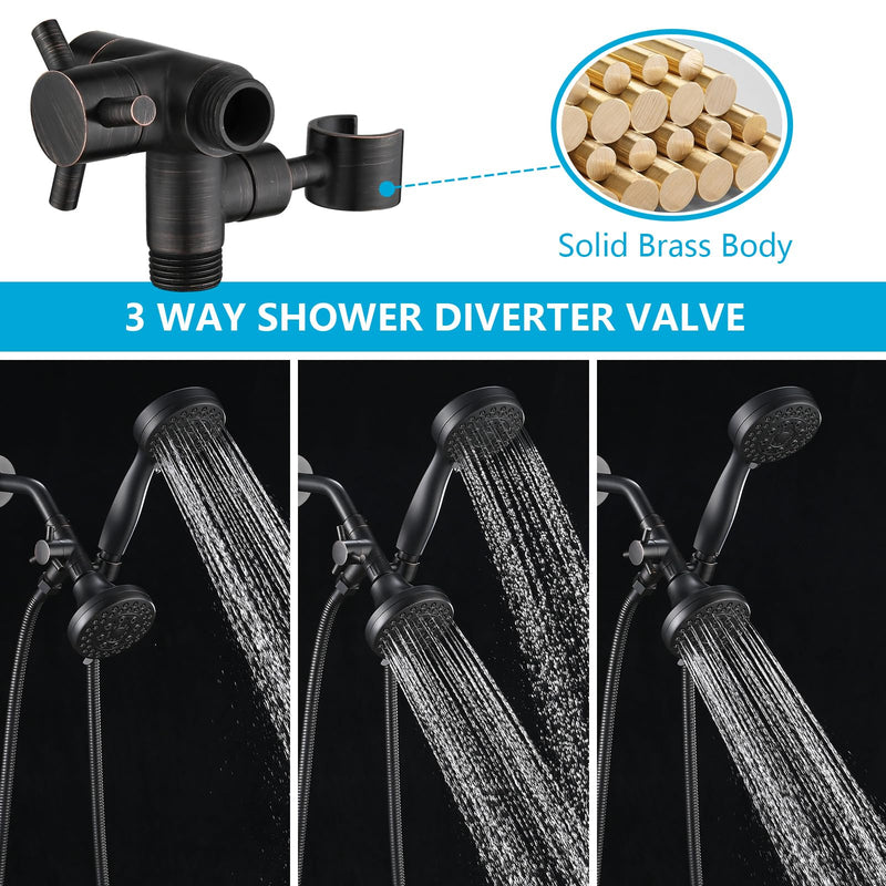 PDPBath Solid Brass 3 Way Shower Arm Diverter Valve with Handheld Holder for Dual Shower Heads with G1/2 Universal Connection - Oil Rubbed Bronze