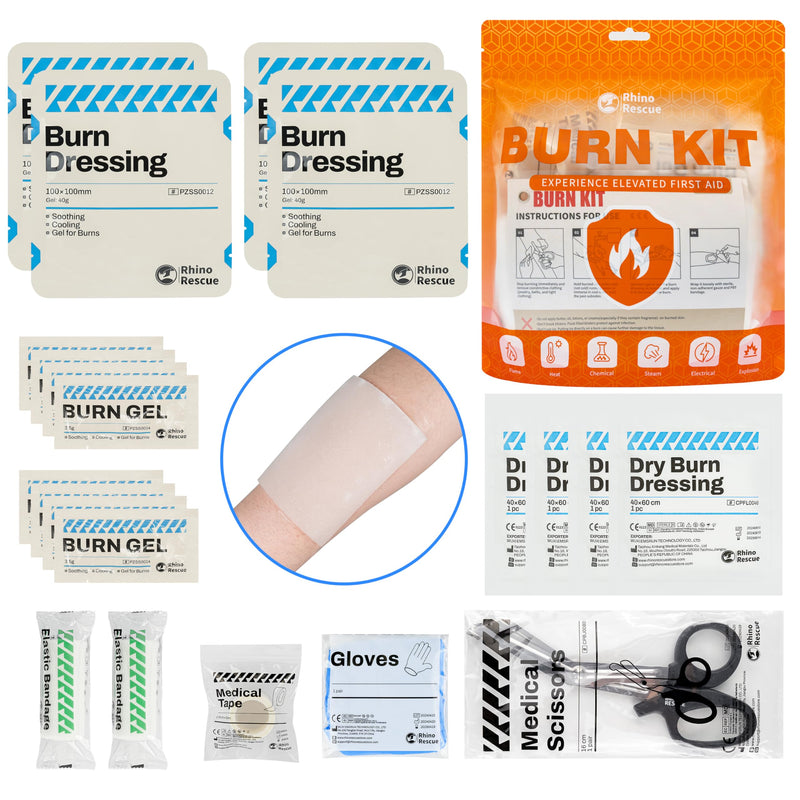 RHINO RESCUE Burn Kit, 4pcs Burn Dressings 4x4”, 8pcs Burn Gel Packets 3.5g, 4pcs Burn Pads, First Aid Kit Cooling Soothing Cream Relief with Bandage, Nitrile Gloves, Scissors, Tape, HSA/FSA Eligible