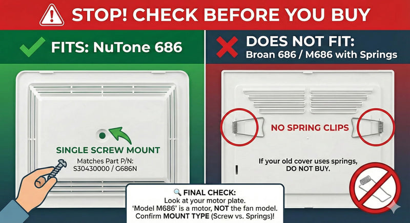 686 Bathroom Ventilation Fan Grille Cover Replacement for NuTone 686 Bathroom Fan - Part G686N, S30430000 - Screw Installation 9-1/2" x 8-3/4" White