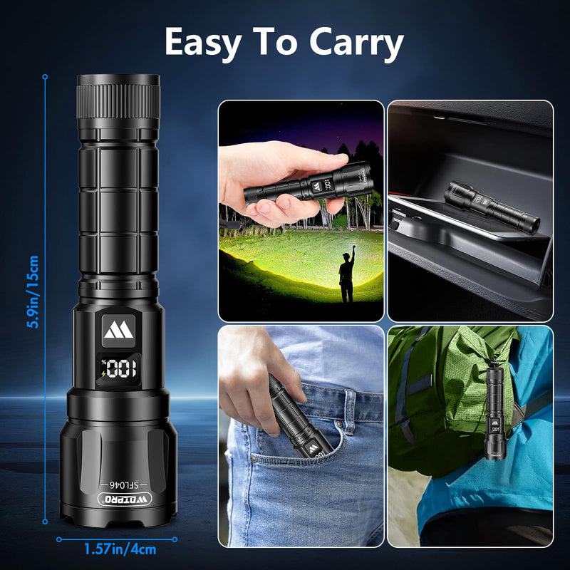 Wdtpro LED Rechargeable Flashlight 2Pack, 3Modes Super Bright High Lumens Flashlights, Zoomable Tactical Flashlight with LCD Display, IP65 Waterproof Flashlights for Home Emergency Camping & Gifts Men Black 2 PACK