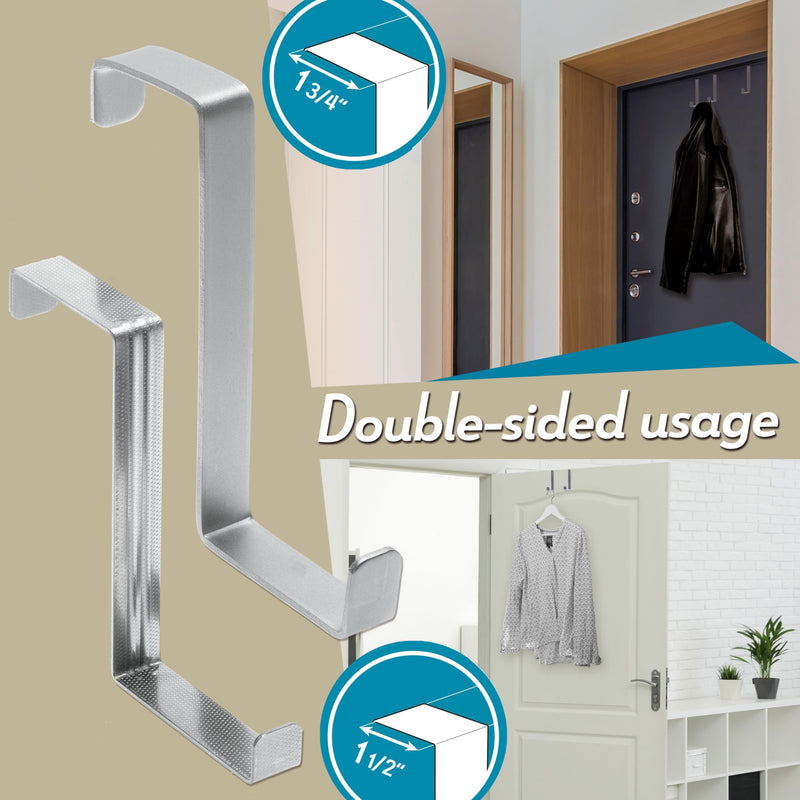 4smile Over The Door Hooks, 5 + 5 Pack - Stainless Steel Coat Hanger, Towel Holder 2-Sided of 1 3/8" & 1 3/4", Heavy Duty - Hooks for Hanging with Anti-Scratch Pads, Wreath Hanger with Anti-Slip Dots 1 1/2" + 1 3/4" Wide 10 Pack Sliver