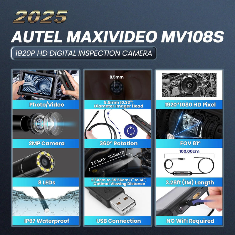 Autel MaxiVideo MV108S Digital Inspection Camera, 2025 Newer of MV108, 8.5mm USB Industrial Endoscope IP67 Waterproof, 1920P HD Borescope Camera 39.37'' Flexible Cord Snake Camera for Autel Tools & PC - NewNest Australia