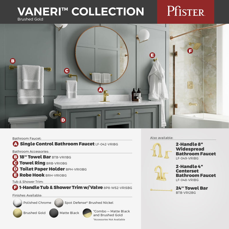 Pfister Vaneri Wall-Mounted Towel Hook - Premium Metal Brushed Gold Bathroom Hardware with Concealed Screw Installation for Modern Bathroom Decor and Accessories BRHVRI0BG