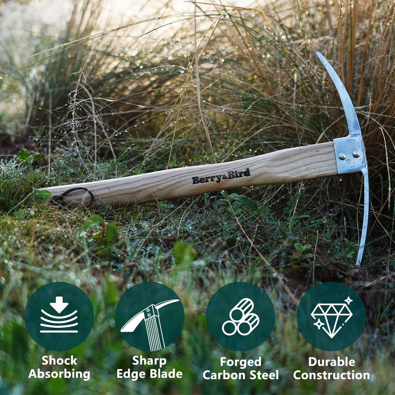 Berry&Bird Gardening Pick Axes, Stainless Steel Pickaxe Mattock Hoe with Wooden Handle, Heavy Duty Pick Axe Hand Tool for Transplanting Digging Planting Loosening Soil Camping or Prospecting Lenght:14.9inch