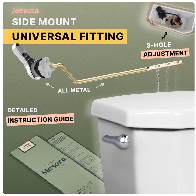 Mesora Aluminum Toilet Handle Flush Lever Replacement Kit with Flapper Chain, Brass Lever, Chrome - Toilet Repair Handle, Compatible with Most Toilets (Side Mount) Side Mount