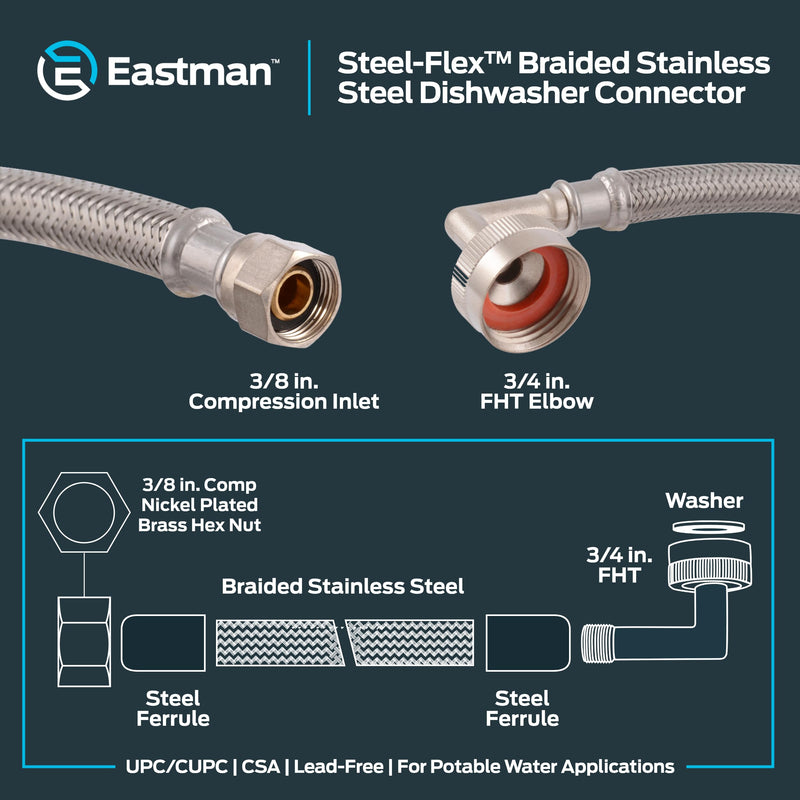 Eastman 10 foot Dishwasher Supply Line, 3/8 Inch Compression x 3/4 Inch FHT Elbow, Braided Stainless Steel Dishwasher Connectors, 41015 10 Ft.