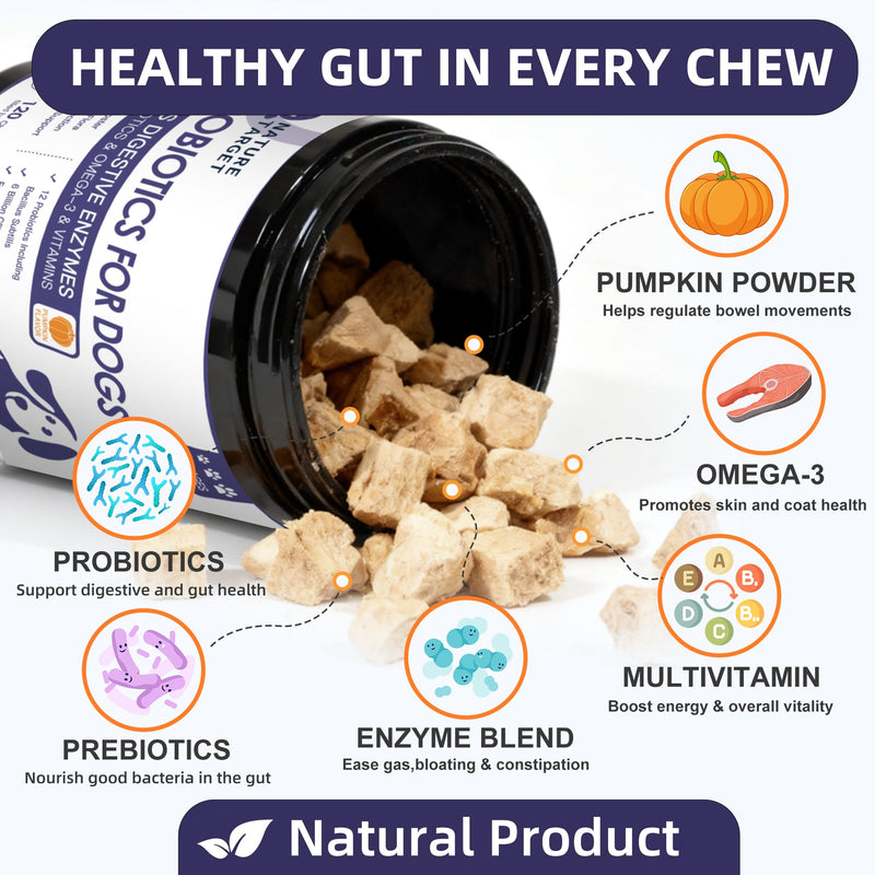 NATURE TARGET Probiotics for Dogs, 6 Billion Dog Probiotics with Prebiotics & Enzymes for Digestive & Gut Health, Pumpkin, Omega-3 & Multivitamins for Itchy Skin, Allergies, 120 Dogs Probiotics Chews 120 Count (Pack of 1)