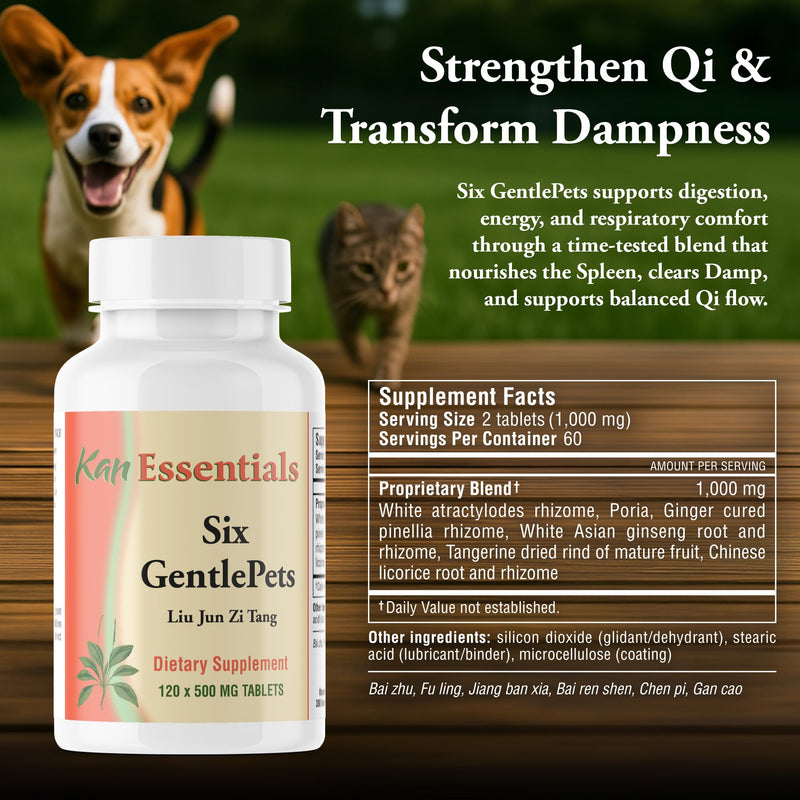 Kan Herbs Company Six GentlePets – Traditional Chinese Herbal Blend for Dogs and Cats to Support Energy, Digestion, Appetite, and Respiratory Comfort, Herbal Supplement for Pets, 120 Tablets
