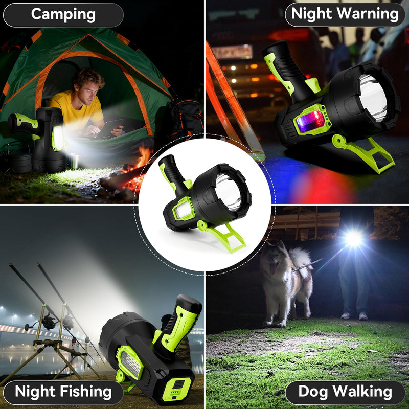 Rechargeable Spotlight，99,000 Lumens Super Bright LED SpotLights Flashlight, 10000ɱAh Spot Lights Long Runtime Waterproof ，Spot Light Outdoor Handheld with Cob Light & Foldable Tripod for Camping Green