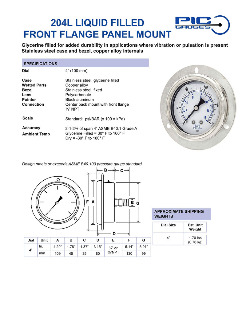 PIC Gauges 204L-404R Front Flanged Panel Mount Glycerine Filled Pressure Gauge w/ SS Case/Bezel, Brass Internals, PC Lens, 4" Dial, 0/5000 psi Range, 1/4" Male NPT 0 - 5,000 PSI