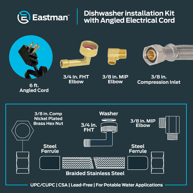 Eastman Dishwasher Installation Kit, 6 Foot Supply Line, 3/8 Inch x 3/8 Inch Compression, 6 Foot 3-Prong Straight Power Cord, Braided Stainless Steel Dishwasher Connectors, 41150 Straight cord