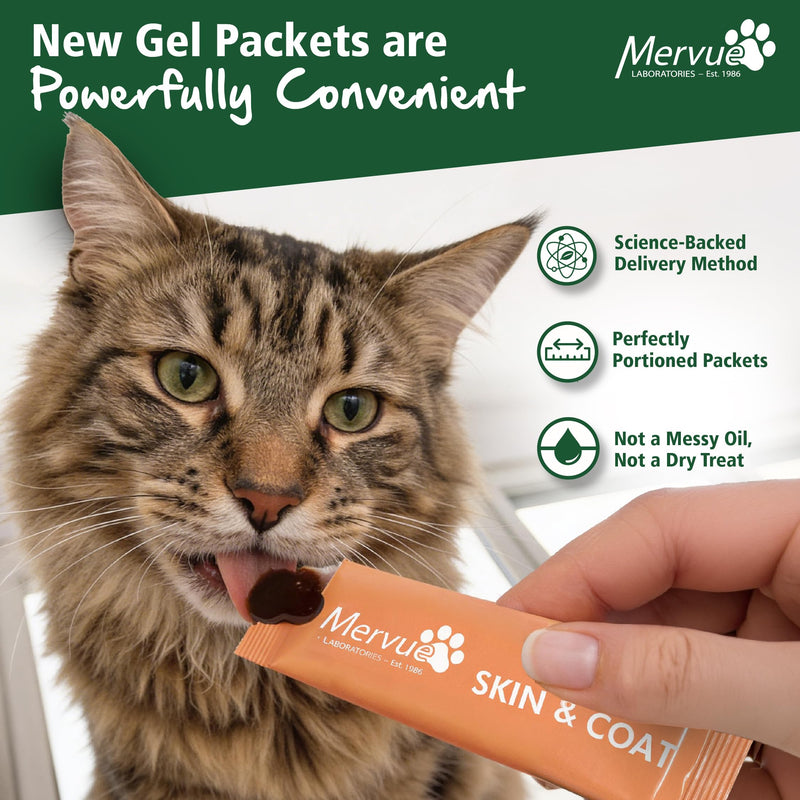 Mervue Skin and Coat Supplement for Cats – Omega 3 Cat Supplement in Gel w/Zinc & Biotin for Dry Skin & Shedding – Tasty, Easy-to-Use Cat Nutritional Gel for Shiny Fur & Healthy Skin (14, 5ml Packs)