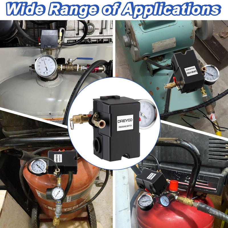 Dreyoo Air Compressor Pressure Switch 90-120 4-Port 20 Amp with 0-200 PSI Gauge and 200 PSI Safety Relief Valve, 1/4" NPT Replacement Pressure Switch Parts for Air Compressor 90-120 PSI