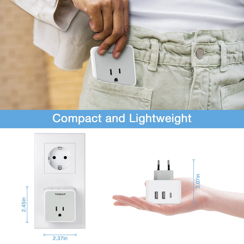 TESSAN All European UK Travel Plug Adapter Kit, International Detachable Converter with 3 Outlet 3 USB Charger (1 USB C), Type C/G/E/F EU Ireland Power Adaptor, US to Europe Italy Spain France Greece White/Grey