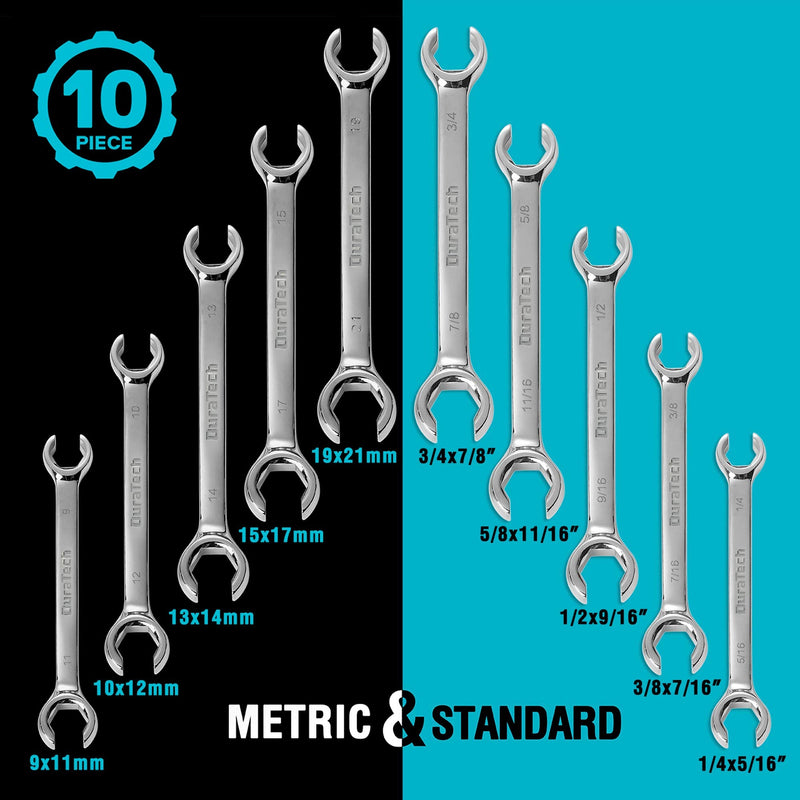 DURATECH Flare Nut Wrench Set, Standard & Metric, 10-Piece, 1/4" to 7/8'' & 9-21mm, CR-V Steel, Organizer Pouch Included 10pc, SAE&Metric
