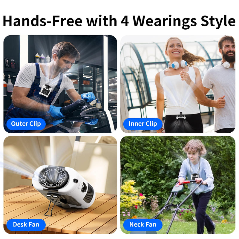 Socool 10000mAh Portable Waist Fan Clip On Personal Fans Rechargeable, 67H Cooling Wearable Belt Shirt Fan with 5 Speed Wind Adjustable & LED Light, Hanging Neck Fan for Outdoor Jobsite Camping White