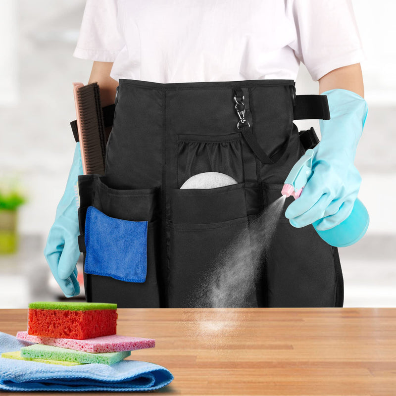 LoDrid Professional Cleaning Apron with 9 Pockets and Adjustable Waist Belt, Water-resistant Cleaning Caddy Aprons for Cleaning Work of House Hotel, Black