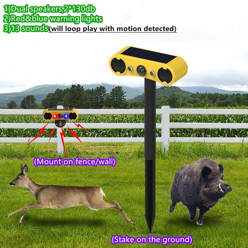 HULPPRE Solar Outdoor Motion Sensor Alarm-13 Sounds Including Dog Barking&Gunshot,2*130db Loud Noise Maker,4 Modes,Red&Blue Motion Activated Strobe Light,Say Goodbye to The Intruders 4 modes,13 sounds outdoor alarm