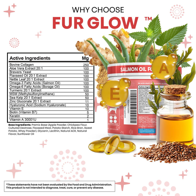 FurGlow Skin and Coat Supplement for Dogs Salmon Oil Omega 3 Fish Oil Turmeric Collagen Aloe Vera Flaxseed Oil Hyaluronic Acid Biotin Keratin Aloe Vera Allergy Relief Beef Flavor | Clean Nutra Pets