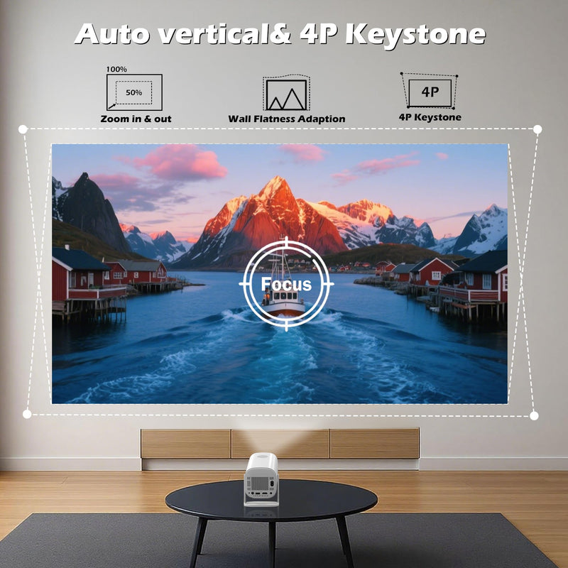 Mini Projector with Wifi and Bluetooth, 4K Protable Smart Projector Build-in Android 14, 130" Screen Auto Keystone Movie Projector Compatible with HDMI Phone TV Stick for Bedroom Outdoor