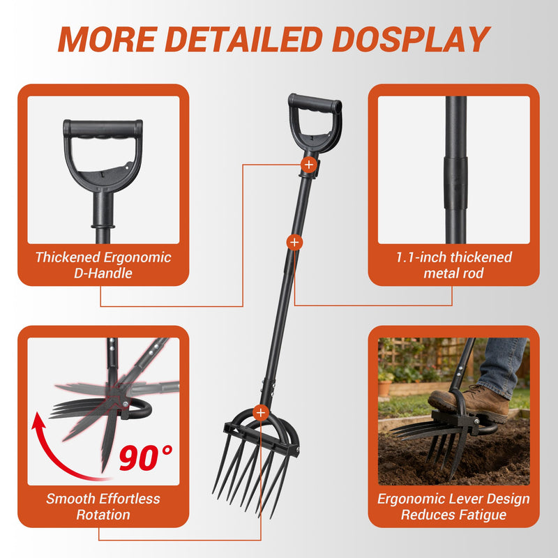 Broad Fork Garden Tool, Heavy Duty 5+4 Sharp Tines BroadFork Hand Tiller Garden Pitchfork with Ergonomic Handles for Spading Digging Fork Gardening Cultivating Composting and Loosening