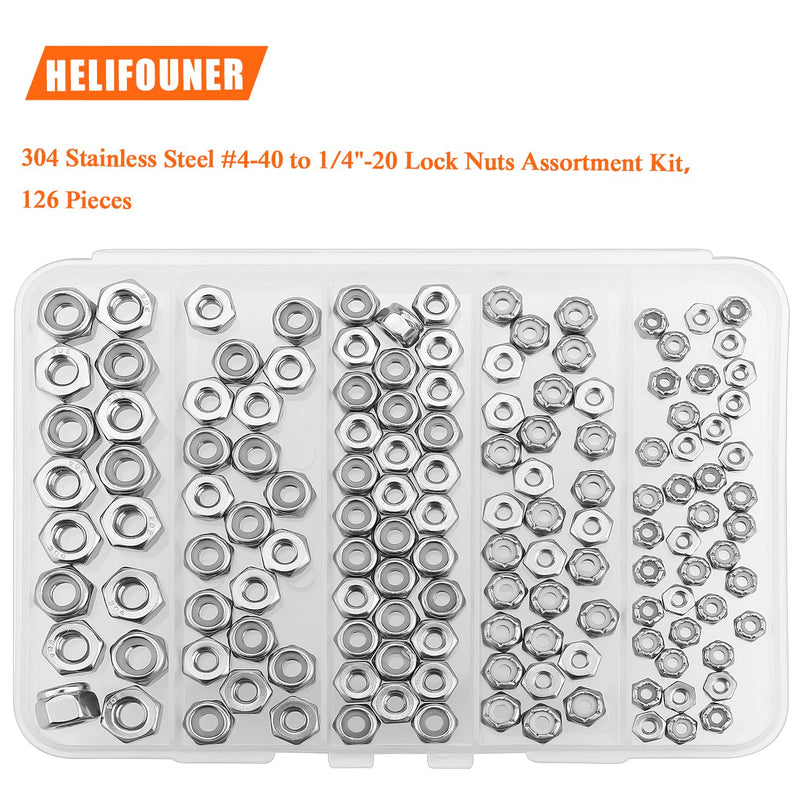 #4-40#6-32#8-32#10-24 1/4"-20 Lock Nuts, HELIFOUNER 126 Pieces 5 Sizes Nylon Insert Hex Lock Nuts Assortment Kit, 304 Stainless Steel (18-8) Locknuts, Coarse Thread #4-40 to 1/4"-20 Lock Nuts Kit