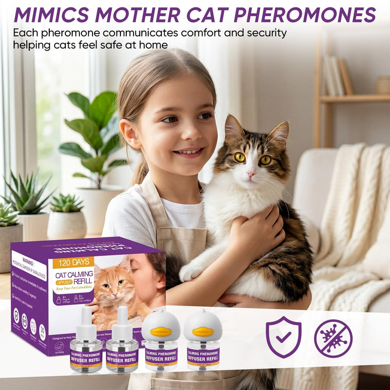 Cat Calming Pheromone Diffuser Kit, 2 Plug-Ins + 4 Refills (48ml Each),Long-Lasting Stress & Anxiety Relief, Reduces Fighting, Spraying & Scratching, Safe & Drug-Free Comfort for All Cats and Kittens Purple