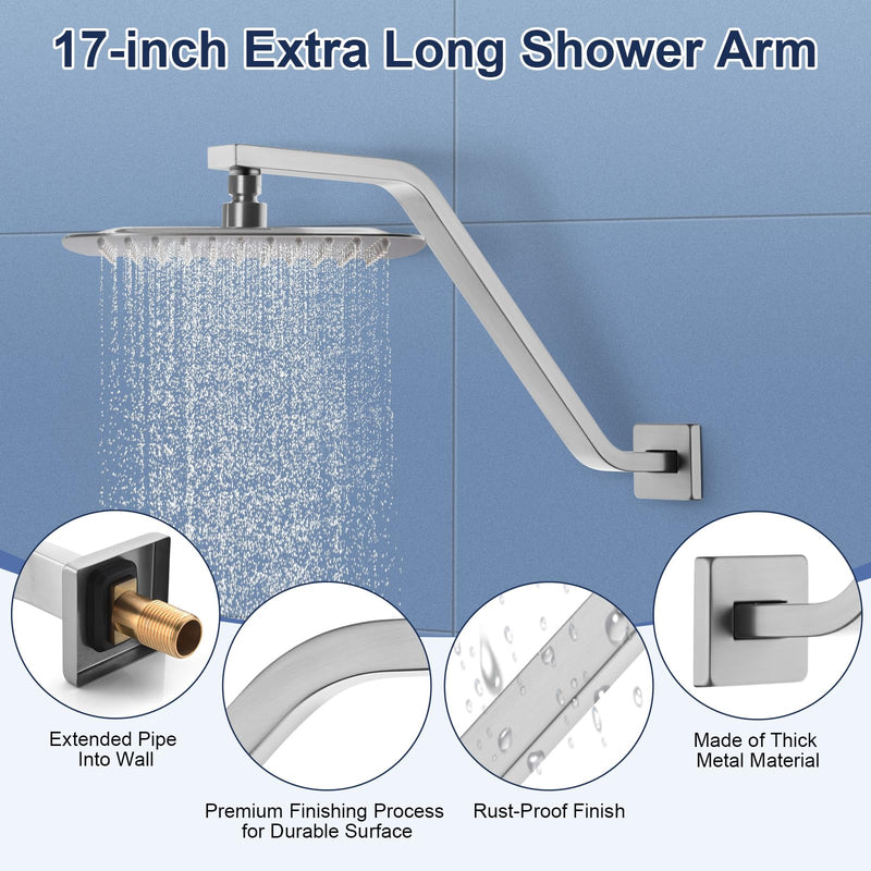 Square Shower Head Extension Arm with Flange, 16.5 Inch Z/S Shaped High Rise Shower Pipe Extender Wall-Mounted for Fixed Bathroom, Shower Head Goose Neck Arm - Extra Long Thread (Brushed Nickle) Brushed Nickle
