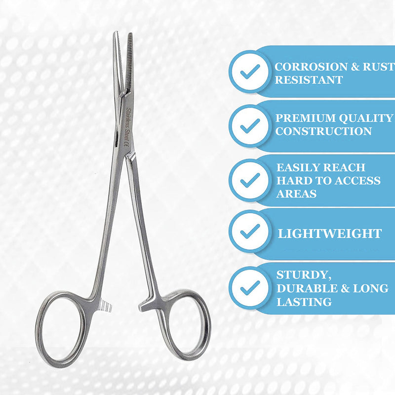 Mosquito Hemostat Locking Forceps 5" Straight with Full Serrated Jaws Ideal for Clamping, Fishing, Firefighters Nurses Doctors + More (Silver) Silver